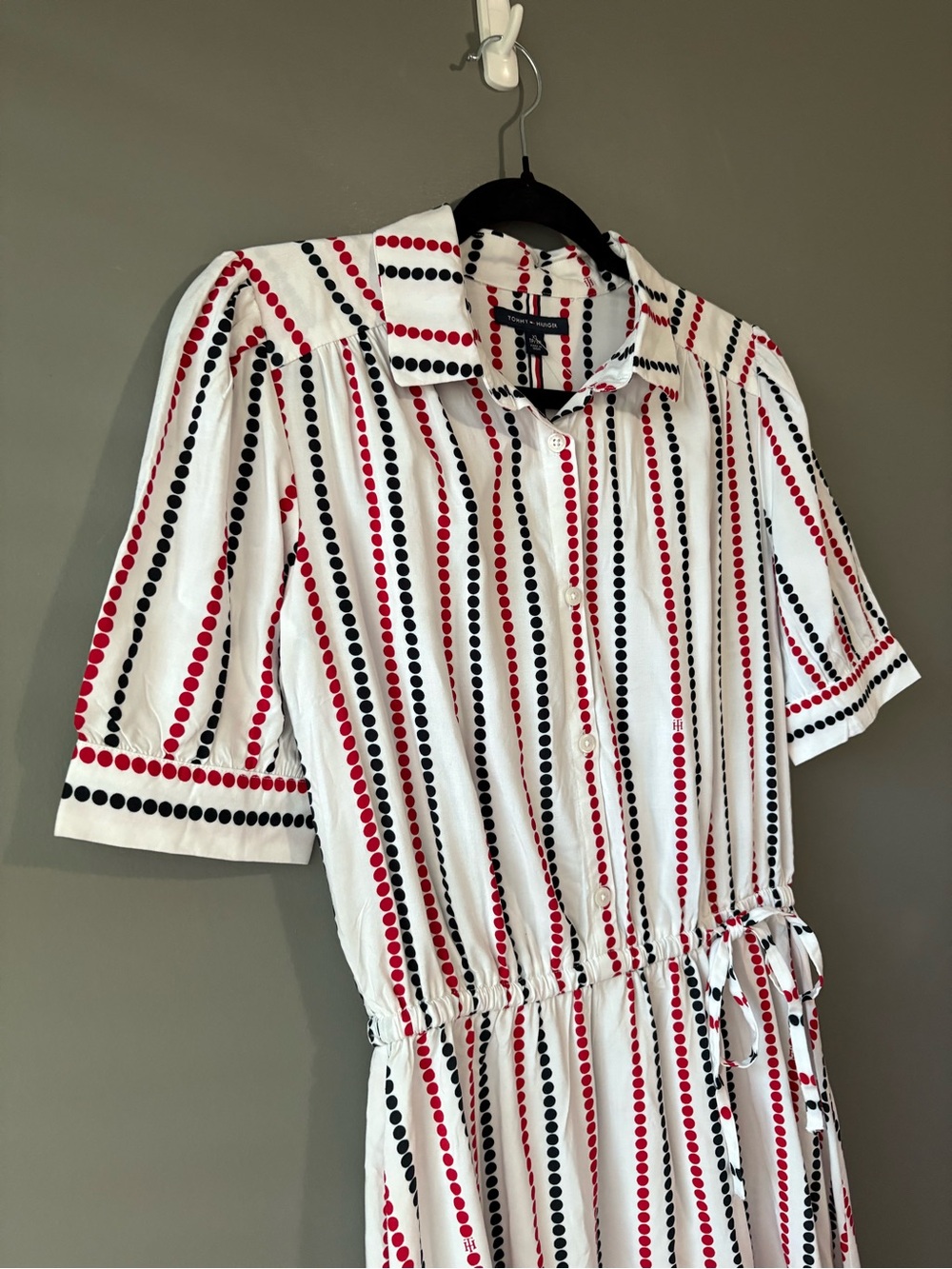 Tommy Hilfiger Striped Shirt Dress XS Red Black White Tie Waist - Picture 3 of 9